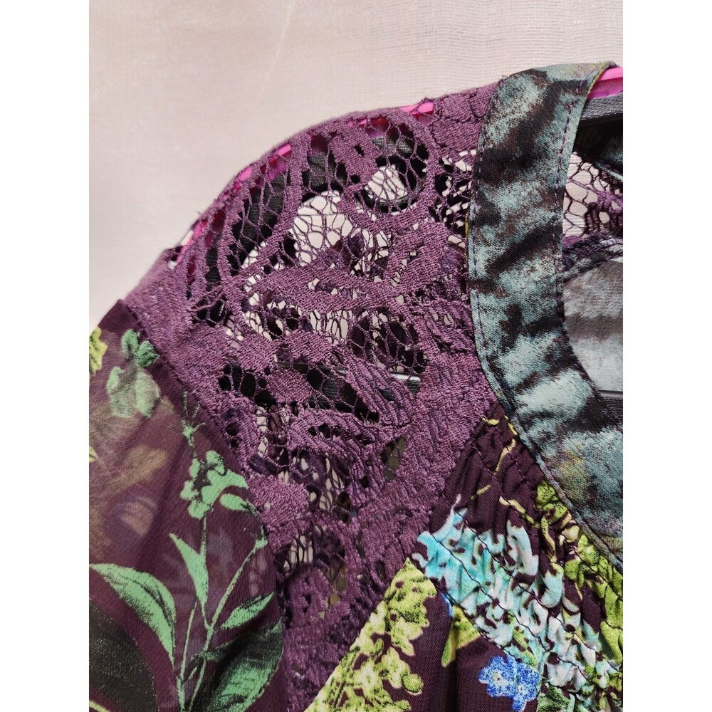 NEW DIRECTIONS WOMEN XL GREEN BLUE BLOUSE FLORAL BLOOM FAIRY LACE SHEER POPOVER - Picture 7 of 16